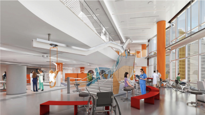 An interior rendering of the Shirley Ryan AbilityLab, by Clive Wilkinson Architects.