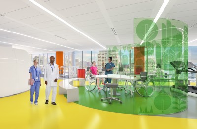 An interior rendering of the Shirley Ryan AbilityLab, by Clive Wilkinson Architects.