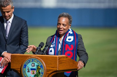 Chicago mayor Lori Lightfoot at the press conference announcing the Fire's return to Soldier Field, 2019.