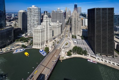 The Wrigley Building, seen from across the Chicago River.