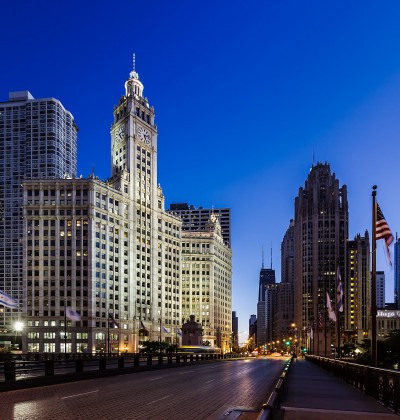 The Wrigley Building, seen from the Michigan Avenue Bridge.